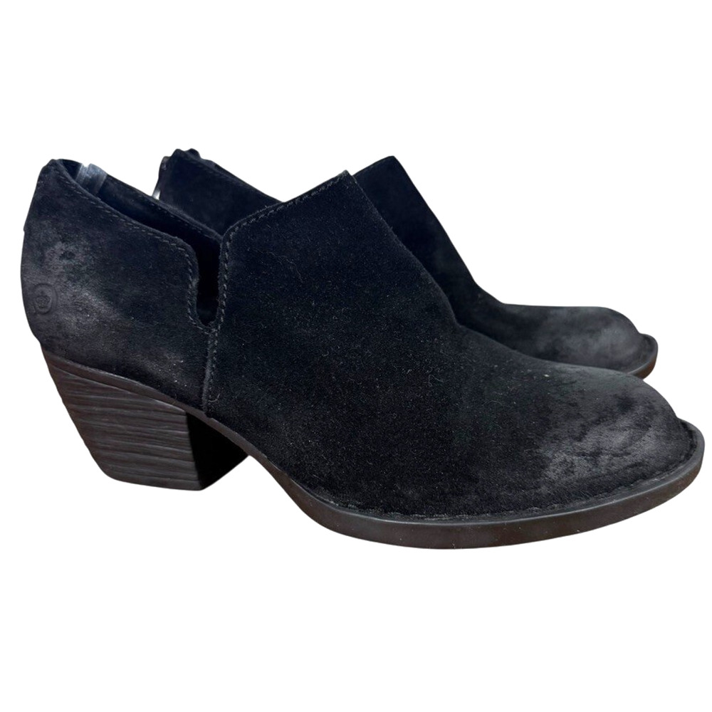 Born Antonia Black Suede Leather Ankle Boots Booties Zip Up Chunky Heel Shoes 6